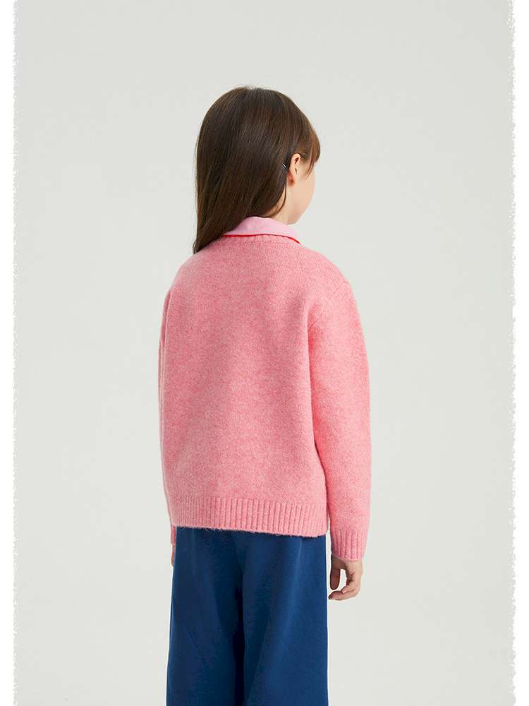 キッズ用ピンク ジップカーディガン、背面のニット生地とリブ袖口