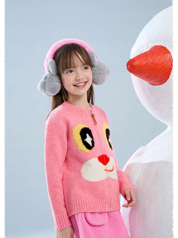 キッズ用ピンクのフェイス柄ジャガードジップカーディガン、フロントジップ付き