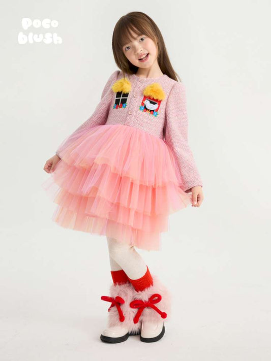 長袖ワンピース poco blush | Concert Windowsill Mesh Dress ツイード風 チュールワンピース【mh0020023】