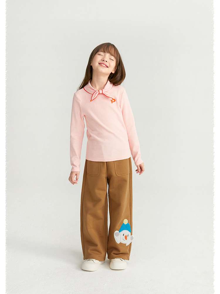 キッズ裏起毛ワイドパンツ キャメルブラウン 大きいフロントポケット 動物ワッペン