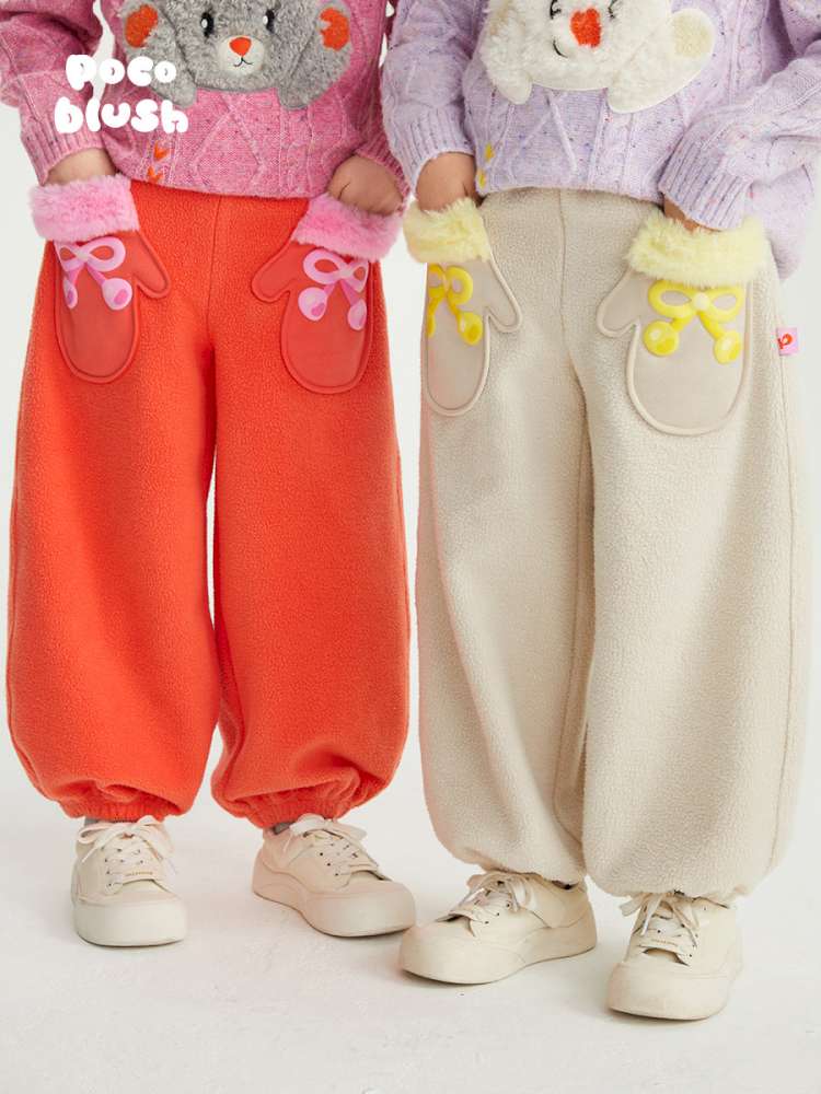 キッズ用ボアジョガーパンツ2色セット(レッド系・生成り)手袋モチーフポケット