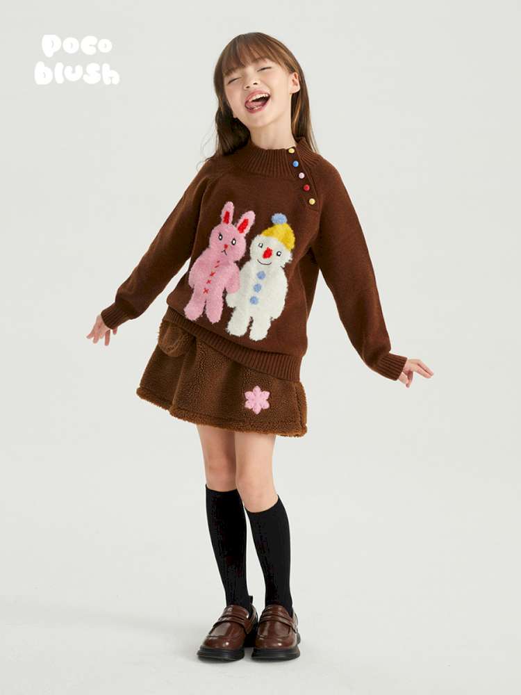 ブラウン子ども用ハイネックセーター、うさぎ&雪だるま柄のジャガード