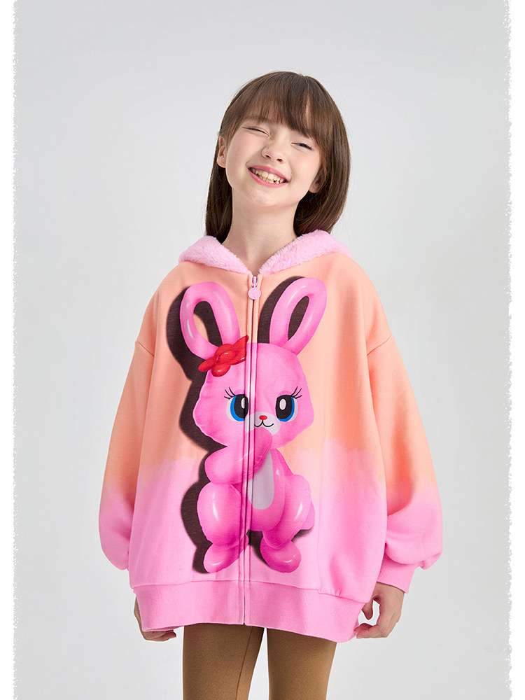 キッズ裏起毛ジップアップパーカー(フード付)ピンク系グラデ うさぎプリント