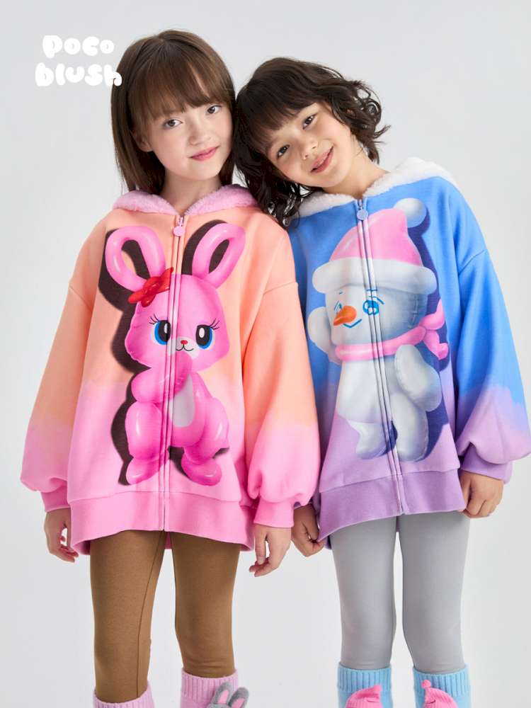 キッズ裏起毛フード付ジップパーカー(ピンク/ブルー)うさぎ&キャラプリント