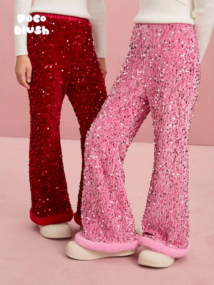 キッズ用スパンコールフレアパンツ。ピンクとレッドの2色フレア、裏起毛・ベルベット風