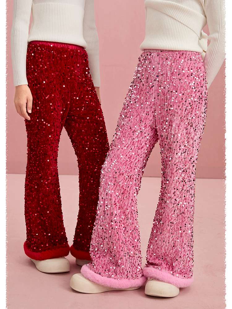 レッドとピンクのスパンコールフレアパンツ2色セット、裏起毛で暖かい