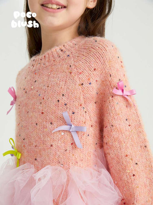 長袖ワンピース poco blush | Shining Bow Mesh Sweater Dress リボン チュール ニットワンピース【mh0020004】