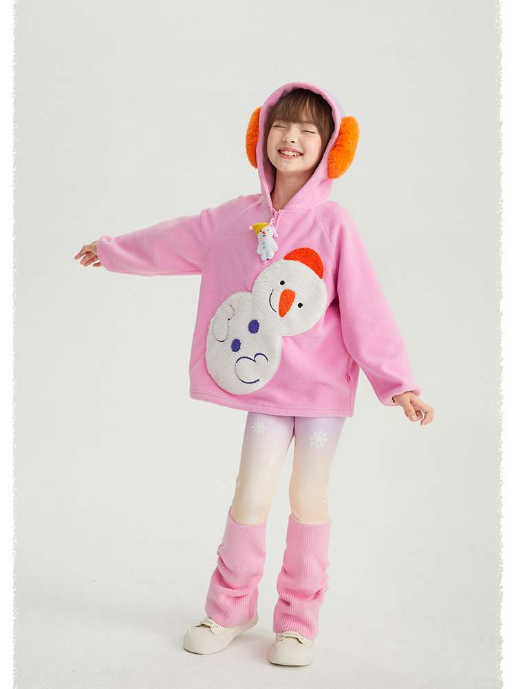 キッズ用レギンス(裏起毛)ピンク系、雪柄(うっすら)・裾フレア風