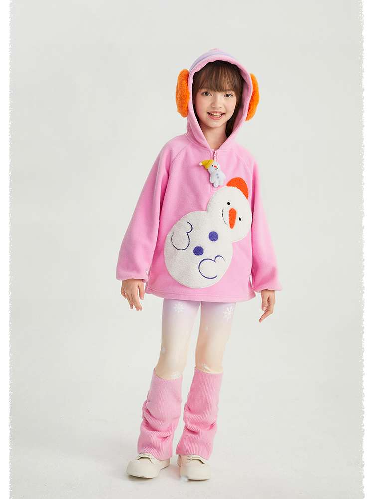 キッズ用レギンス(裏起毛)白×ピンクのグラデーション、雪柄なし・裾フレア