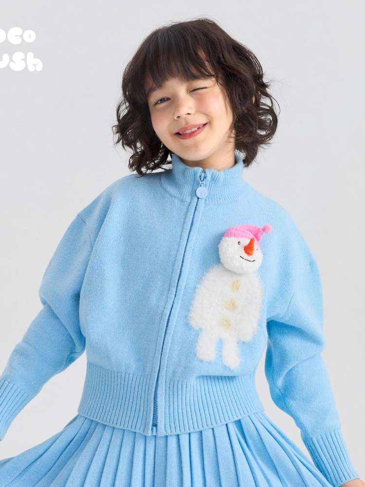 キッズ用 ブルー ジップカーディガン 立体キャラクターモチーフ 近影