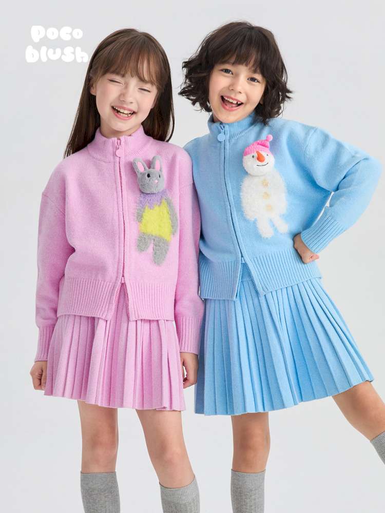 キッズ用ジップカーディガン&プリーツスカート(ピンク/スカイブルー)雪だるま立体モチーフ