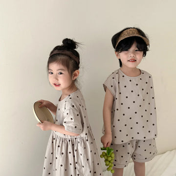 ノースリーブセットアップ キッズセットアップ 2点セット/ワンピース ボーイズノースリーブシャツ+ショートパンツ/ガールズ半袖ワンピース 水玉ドットプリント リンクコーデ 兄弟姉妹 お揃いコーデ【mh0004732】