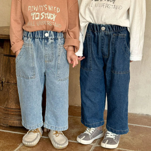 デニムパンツ キッズパンツ デニムパンツ ストレートジーンズ シンプルベーシック ジーパン 2カラー【mh0006156】