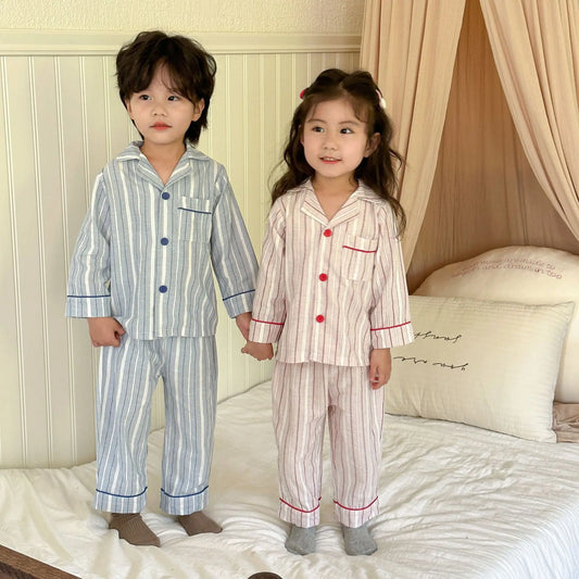 長袖パジャマ キッズパジャマセット 長袖シャツ+ロングパンツ レトロストライプ 2カラー【mh0006433】