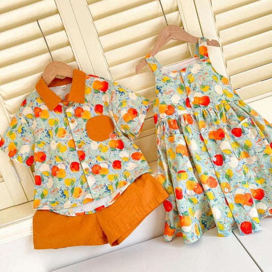 半袖セットアップ キッズワンピース/セットアップ 2点セット フルーツプリントキャミソールワンピース/半袖シャツ+ショートパンツ リンクコーデ 兄弟姉妹 お揃いコーデ【mh0008878】