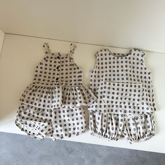 ノースリーブセットアップ ドットプリントセットアップ 2点セット ガールズ/ボーイズトップス+パンツセット【mh0009841】