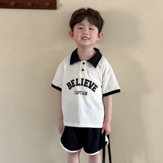 半袖セットアップ レターロゴプリント半袖ポロシャツ+ショートパンツセットアップ 2点セット【mh0010189】