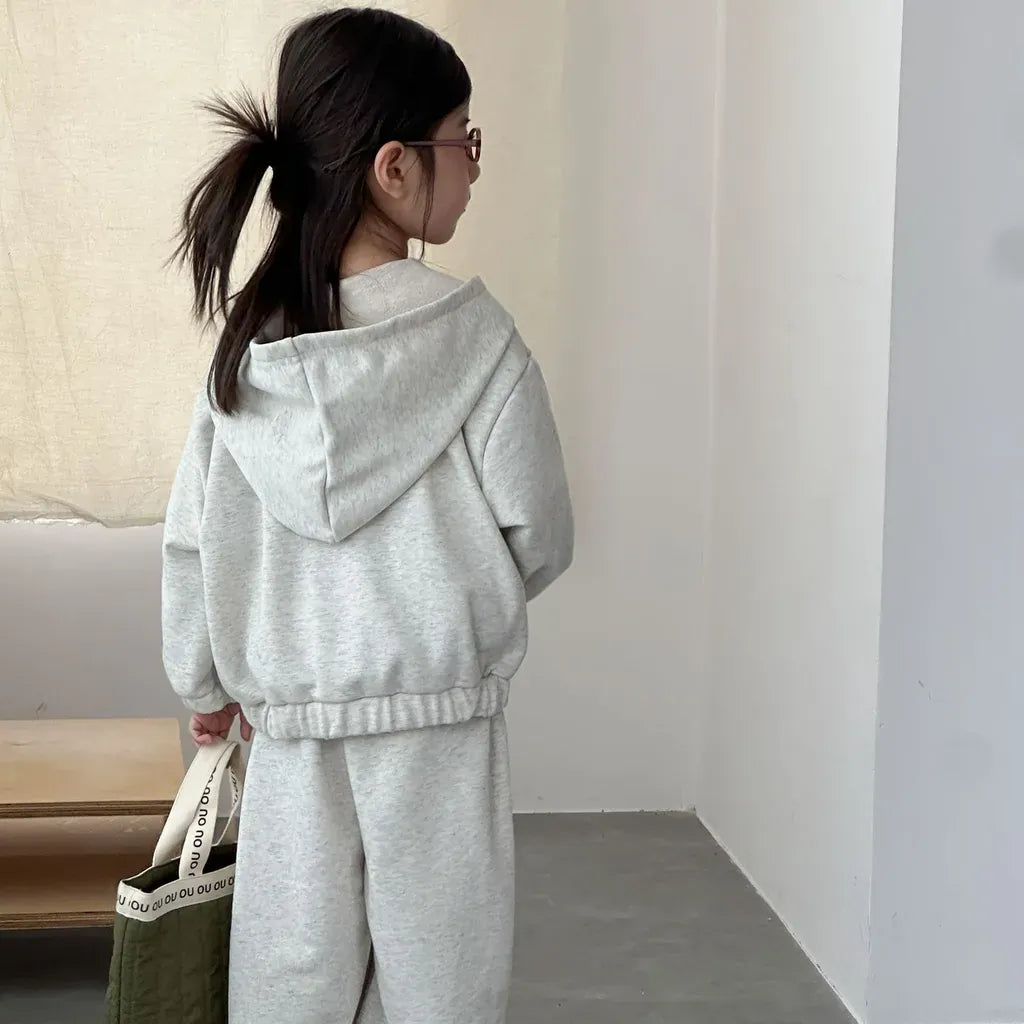 杢グレーのジップアップパーカー&パンツ2点セット、後ろフードとリブウエスト