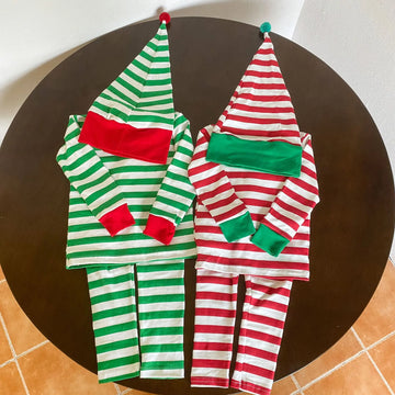 長袖セットアップ キッズセットアップ 3点セット クリスマスカラーボーダー長袖Tシャツ+ロングパンツ+ポンポン付きキャップ帽子 エルフコスチューム【mh0008100】