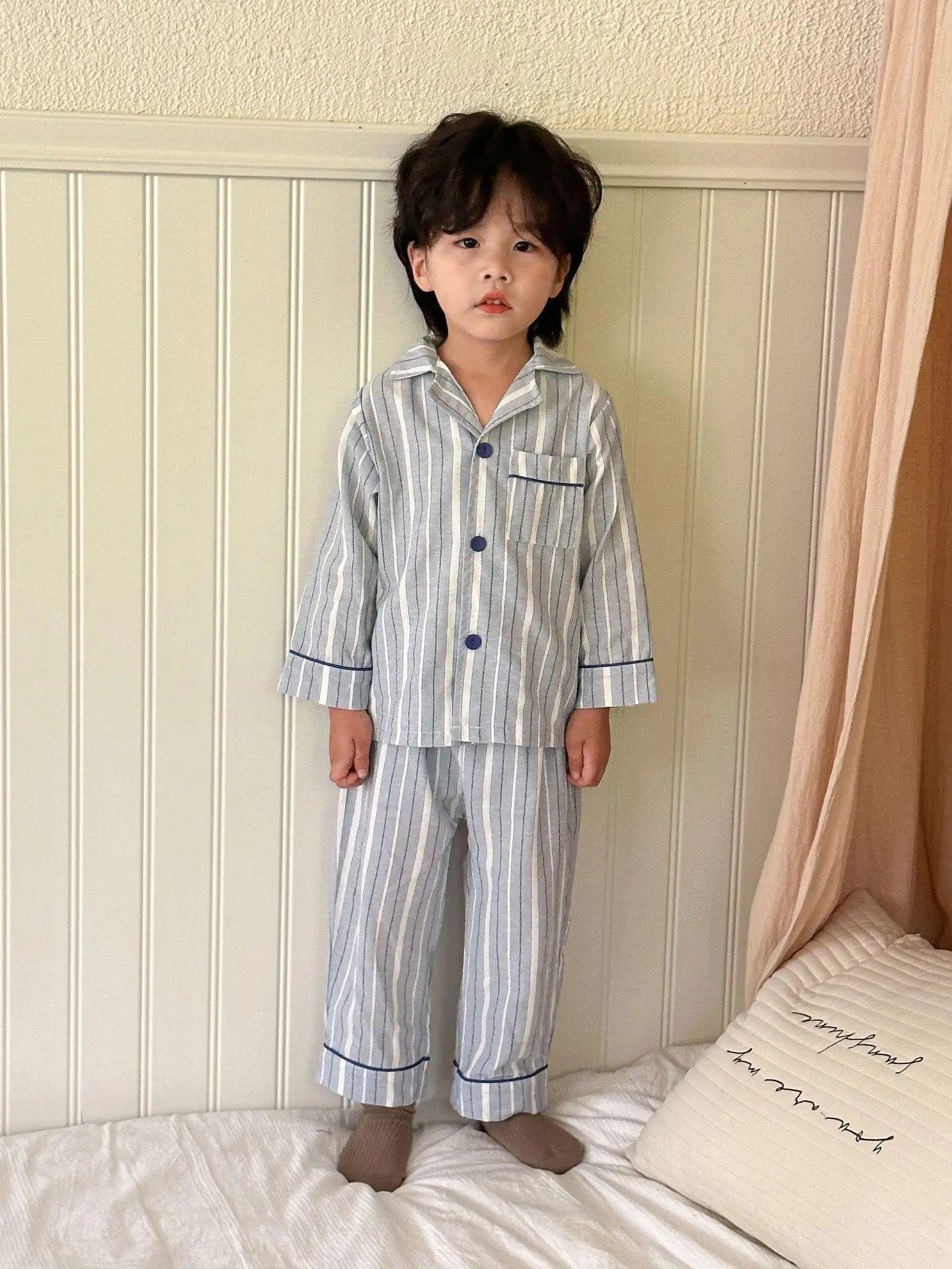 長袖パジャマ Blue / 12M 80CM キッズパジャマセット 長袖シャツ+ロングパンツ レトロストライプ 2カラー【mh0006433】