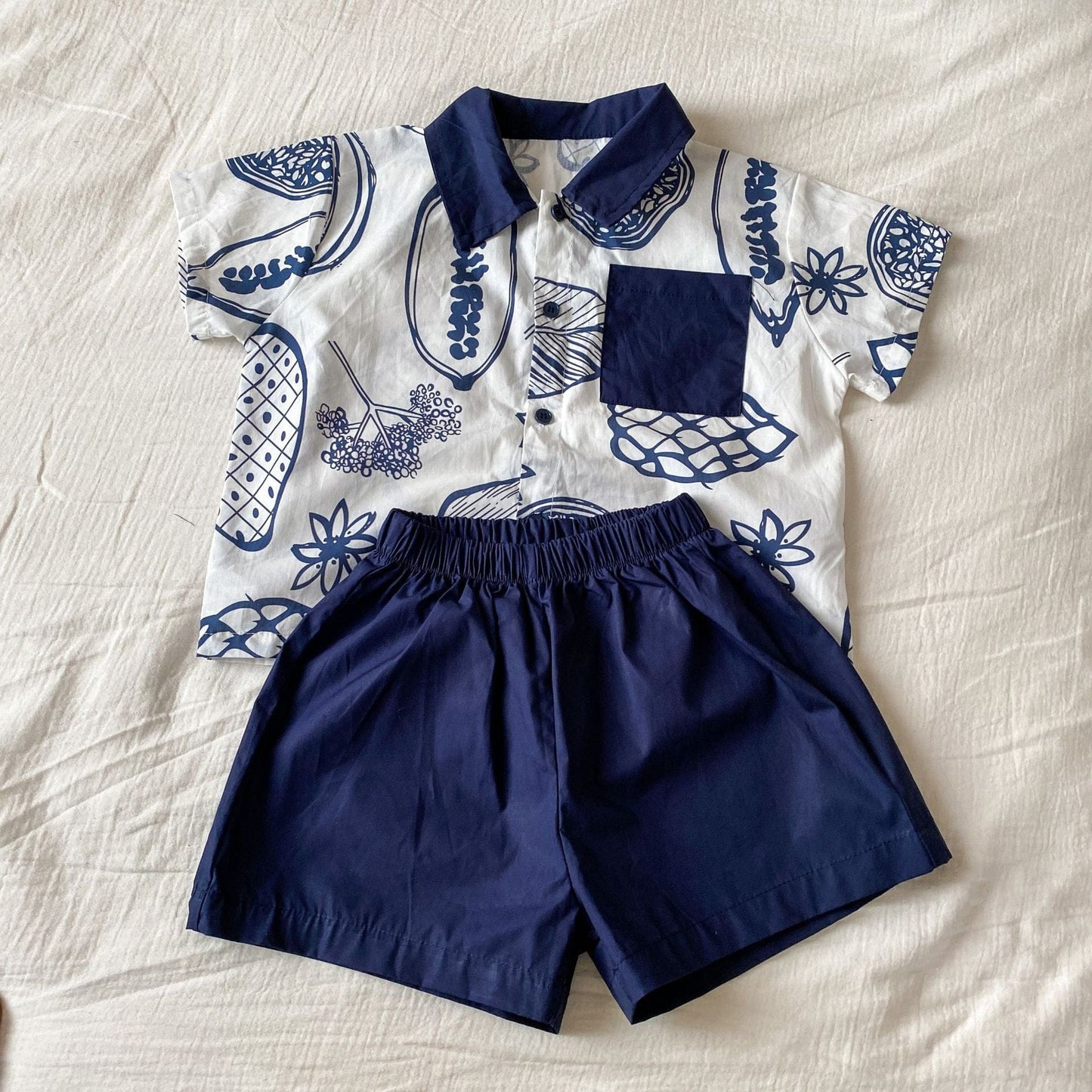 半袖セットアップ Boys / 80cm ボタニカルフルーツプリント ボーイズ半袖シャツ+ショートパンツ/ガールズノースリーブワンピース リンクコーデ 兄弟姉妹 お揃いコーデ【mh0010975】