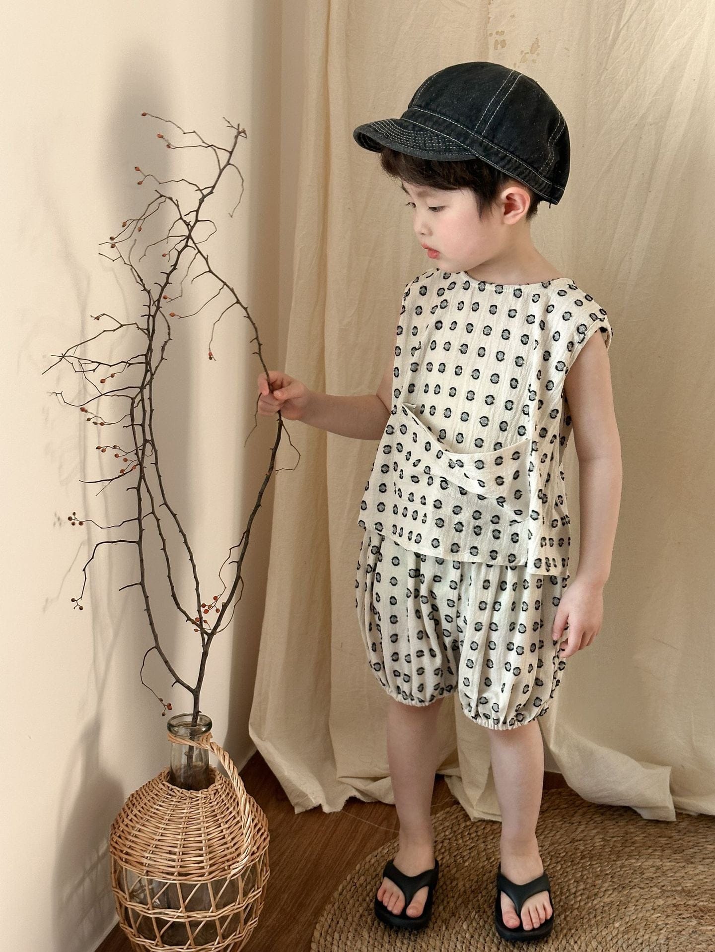 ノースリーブセットアップ boys set / 80cm ドットプリントセットアップ 2点セット ガールズ/ボーイズトップス+パンツセット【mh0009841】