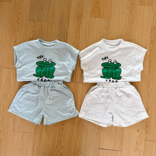 半袖セットアップ カエルFrogプリント半袖Tシャツ+ショートパンツセットアップ 2点セット【mh0009837】