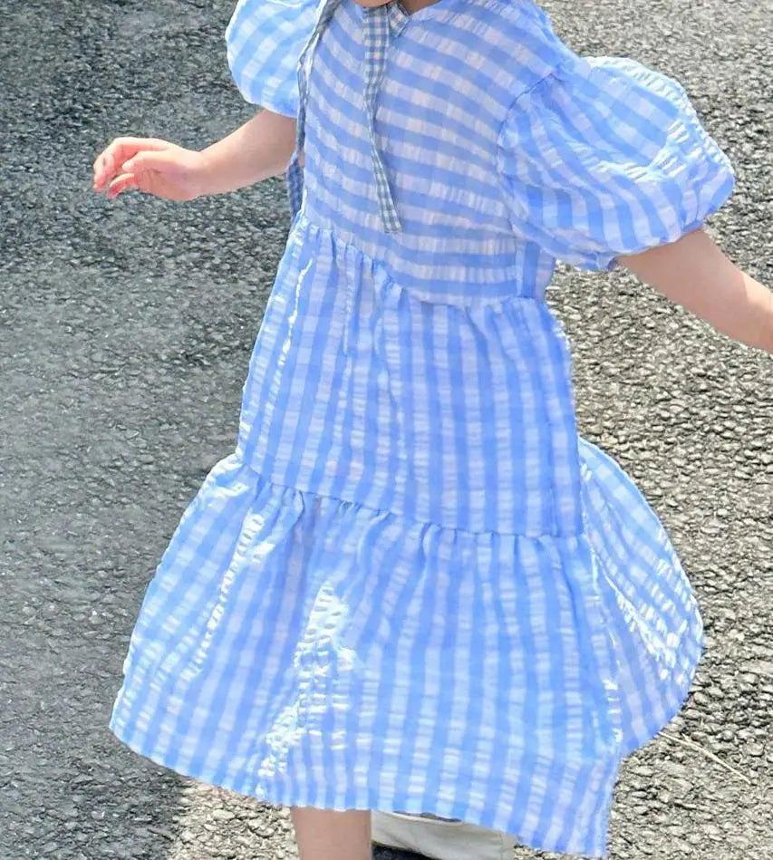 半袖セットアップ girl dress / 12M 80CM キッズセットアップ 2点セット/ワンピース ボーイズ半袖サファリシャツ+ショートパンツ/ガールズ半袖パフスリーブワンピース チェック リンクコーデ 兄弟姉妹 お揃いコーデ【mh0004980】