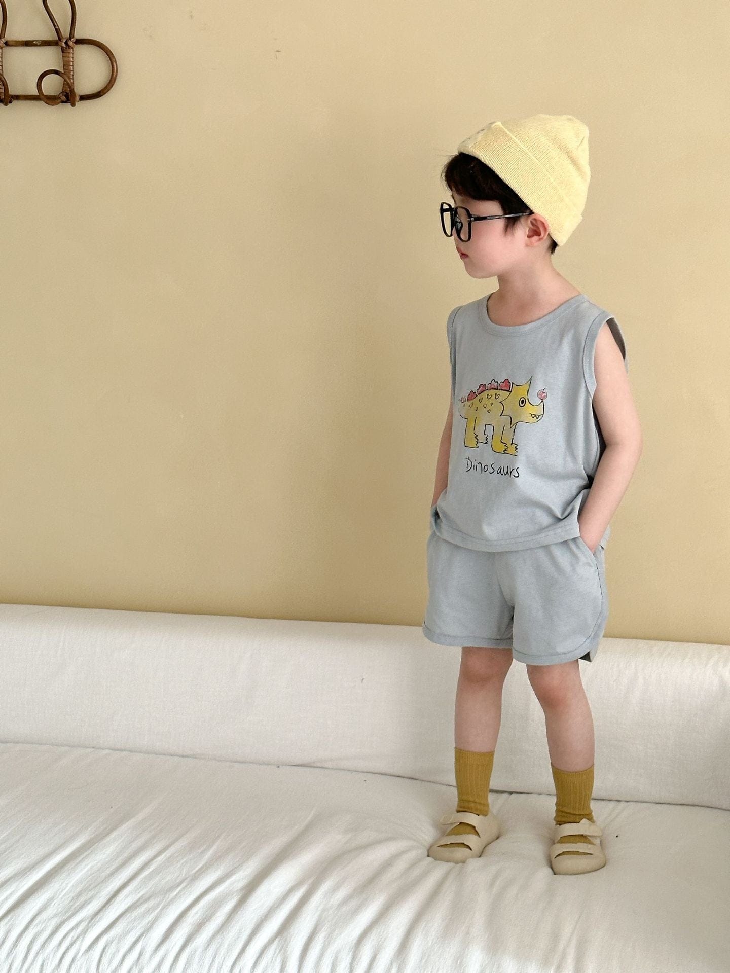 ノースリーブセットアップ Gray / 80cm 恐竜ダイナソープリントタンクトップ+ショートパンツセットアップ 2点セット【mh0009835】
