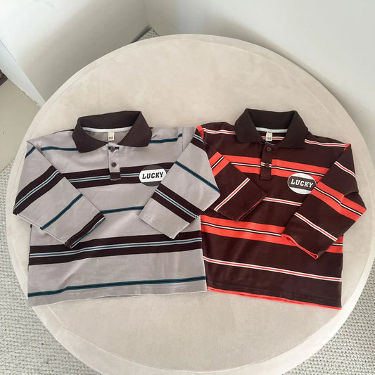 長袖シャツ・ブラウス キッズトップス レトロボーダー長袖ポロシャツ【mh-0008833】