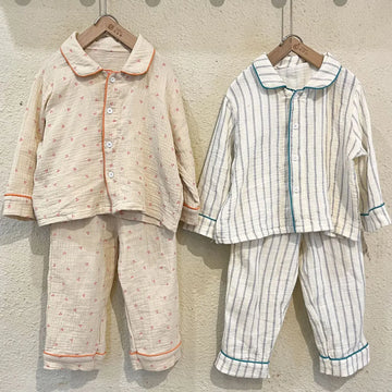 長袖パジャマ キッズパジャマ 長袖パジャマセット 長袖ブラウス ロングパンツ ストライプ フラワー花柄プリント【mh0003665】