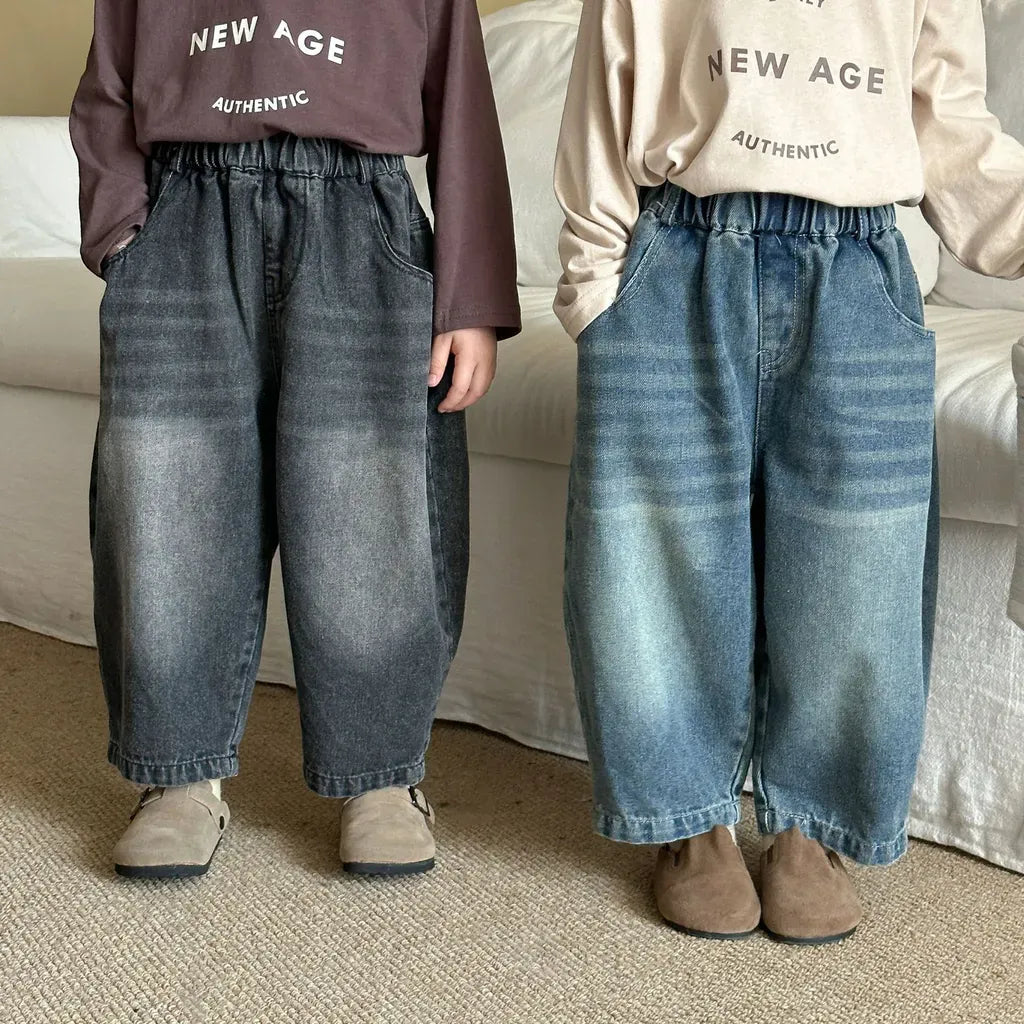 バックロゴ刺繍入りバルーンデニムパンツ(ダークグレー/デニムブルー)、ゴムウエスト