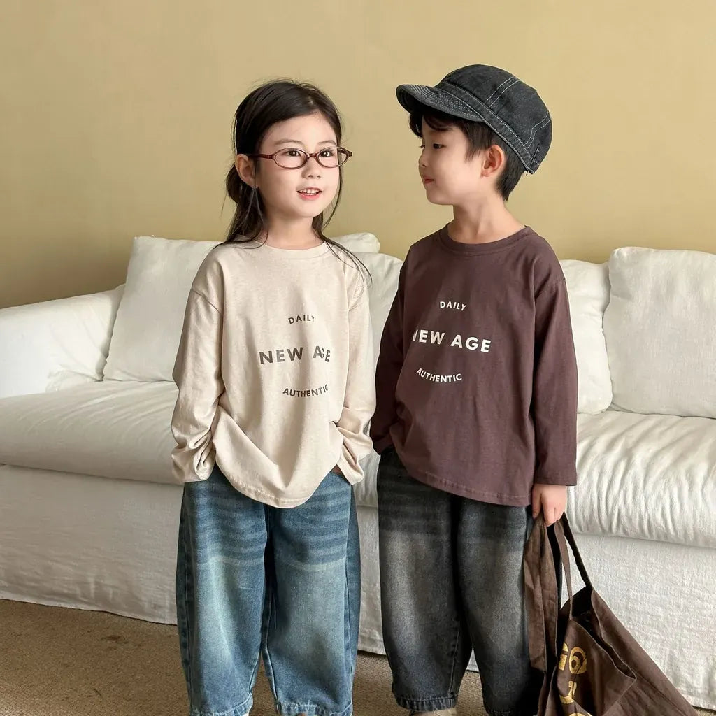 デニムバルーンパンツを着用した子ども用、デニムブルーとブラック(ウエストゴム)