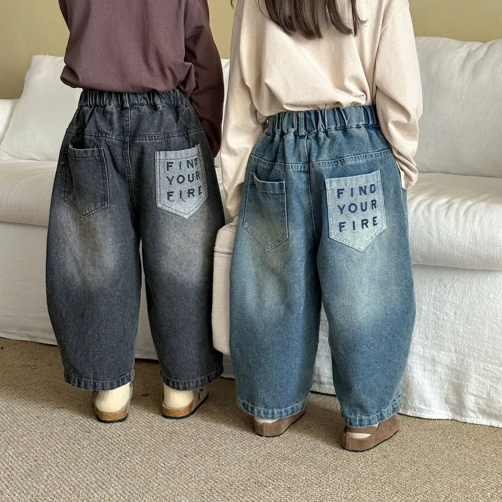 ロゴ刺繍入りデニムバルーンパンツ、デニムブルーと黒の2本セット(ウエストゴム)