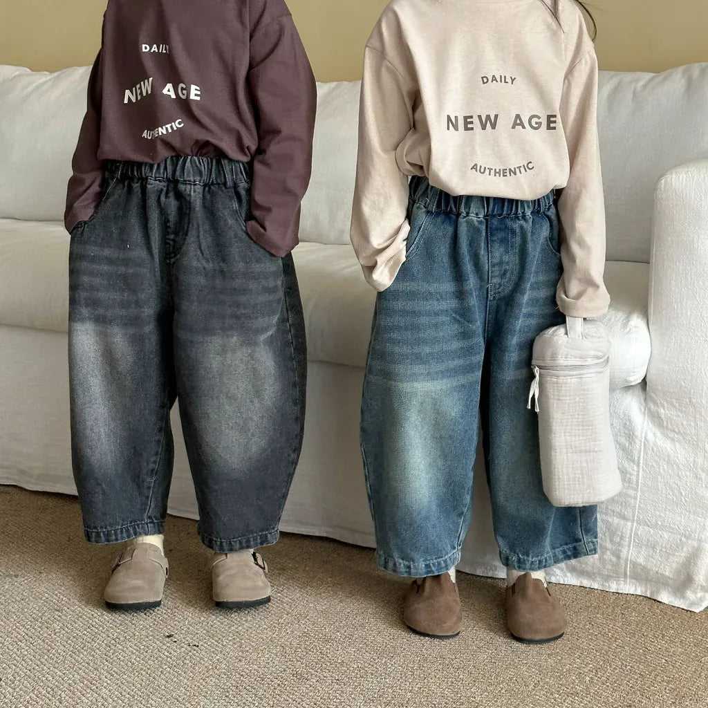 デニムバルーンパンツ(左濃いグレー系/右ブルー)ゴムウエストのワイド丈
