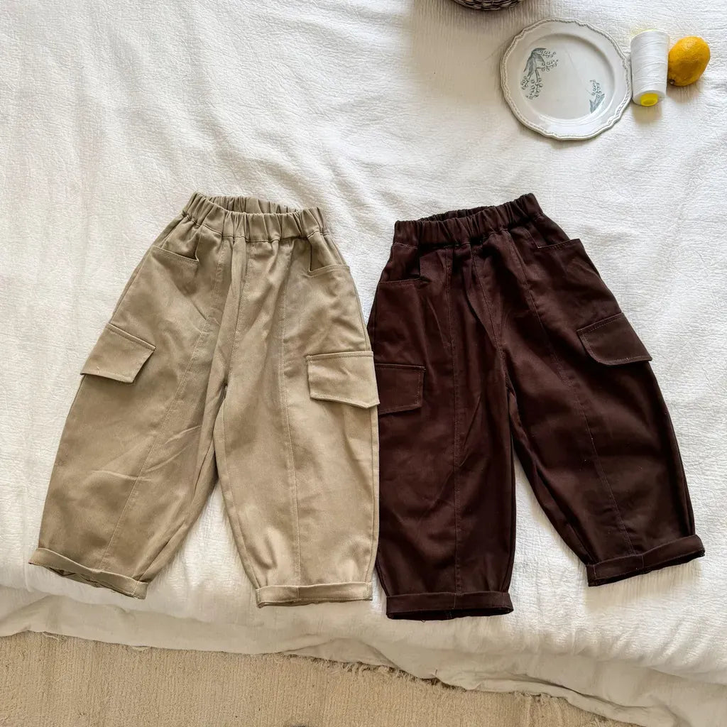 ワイドシルエットカーゴパンツ 2色(カーキ/ダークブラウン)平置き 全体シルエット