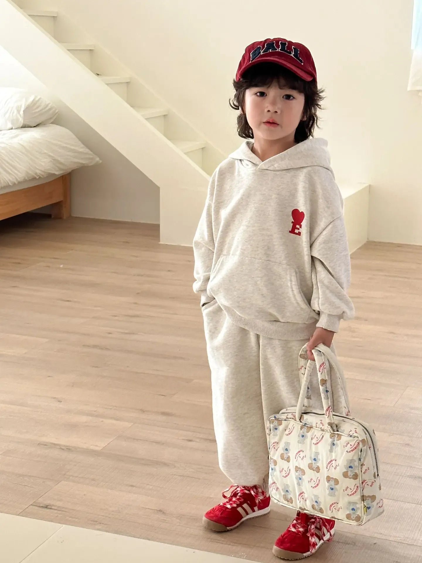 長袖セットアップ sets / 80cm 12M キッズワンピース/セットアップ 2点セット ハートロゴフーディ長袖スウェットワンピース/フーディスウェットプルオーバー+ロングパンツ リンクコーデ 兄弟姉妹 お揃いコーデ【mh0008776】