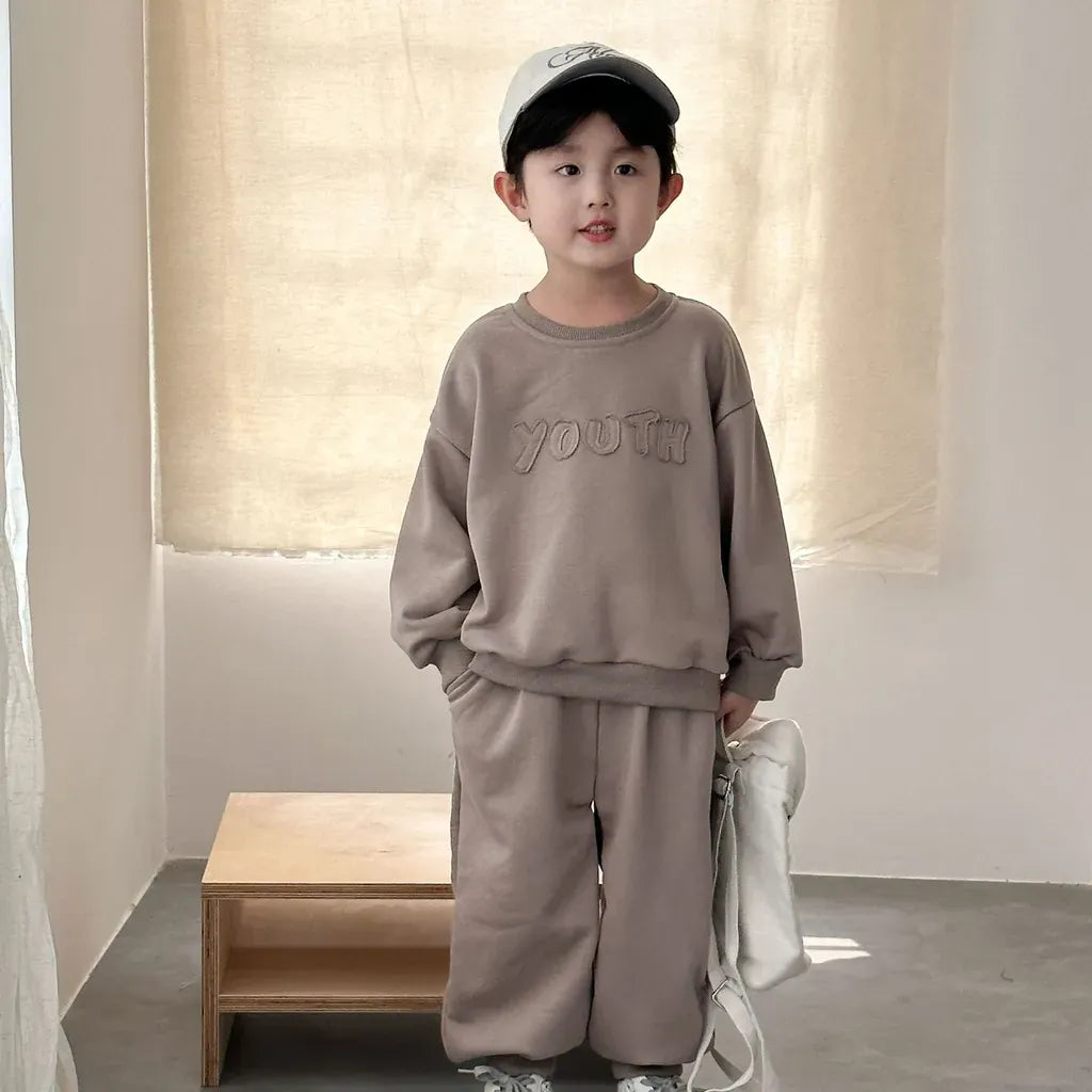 ライトコーヒー系ロゴ刺繍スウェット上下2点セット(トレーナー・パンツ)
