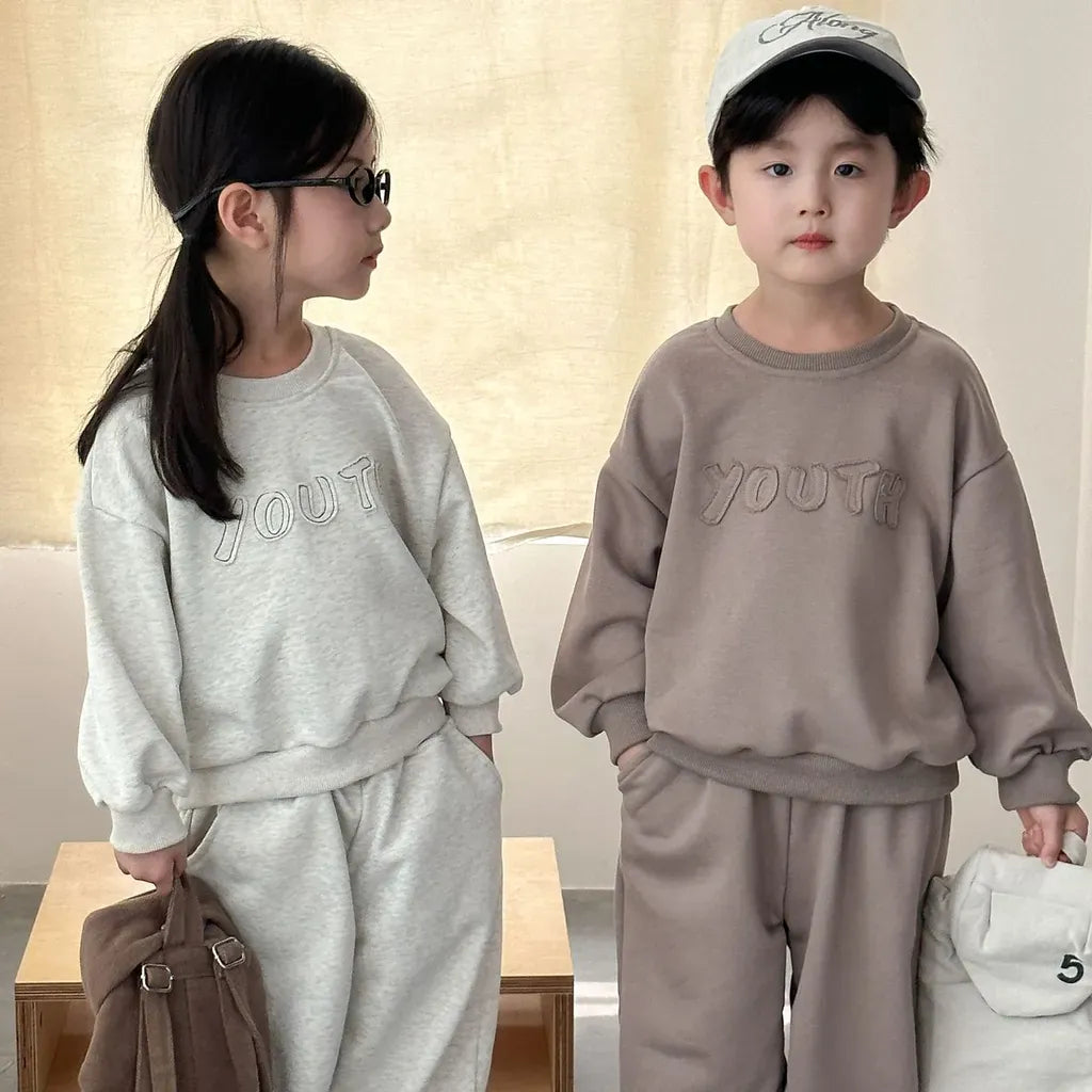 グレー&ライトコーヒー系ロゴ刺繍スウェット上下2点セット(トレーナー・パンツ)