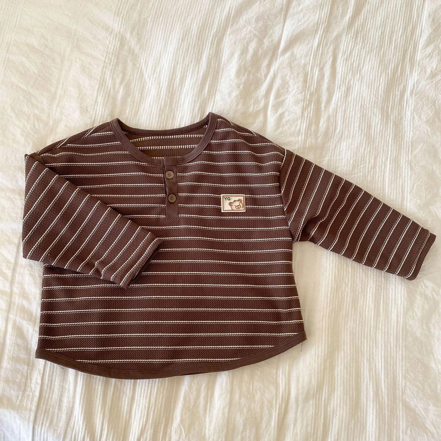 長袖Tシャツ Coffee / 12M 80CM キッズトップス ボーダーベアくまワンポイントヘンリーネック長袖Tシャツ 2 カラー【mh0006891】