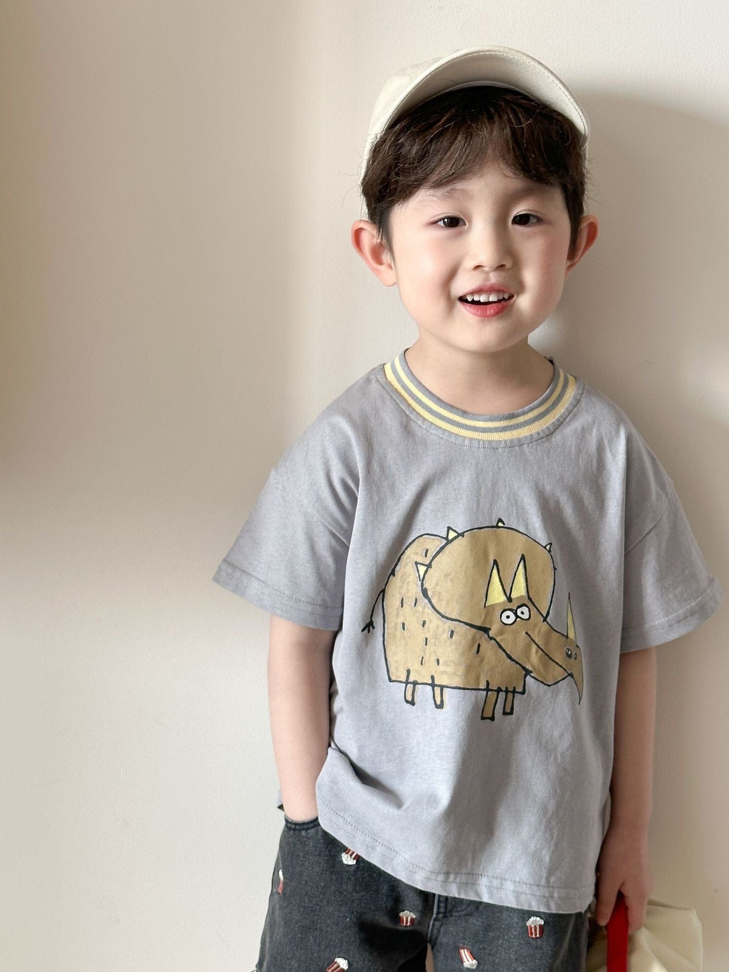 半袖Tシャツ Gray / 80cm 恐竜ダイナソープリント尻尾付き半袖Tシャツ【mh0009828】