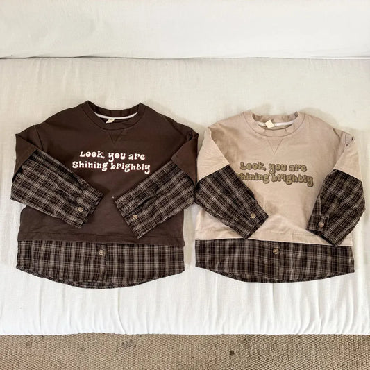 長袖Tシャツ ロゴプリントチェックドッキング長袖スウェット【mh0011239】