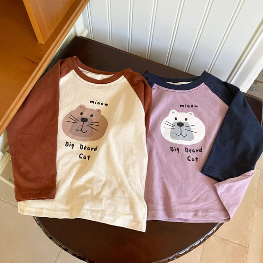 長袖Tシャツ キッズトップス 長袖ラグランパッチワーク猫キャットプリントTシャツ 2カラー【mh0006705】