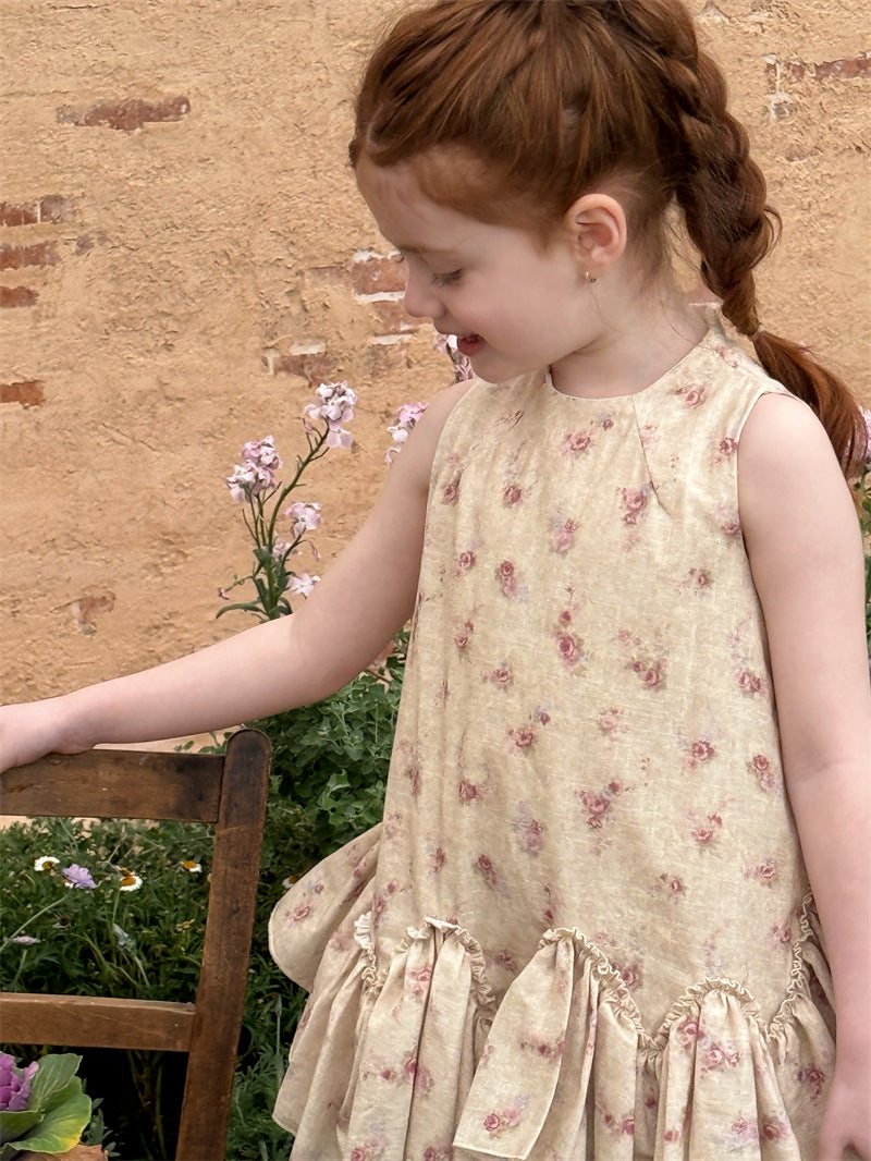 Retro Floral Vest Cake Dress コットン 花柄 ティアード ノースリーブワンピース【mh0012410】 Chengle