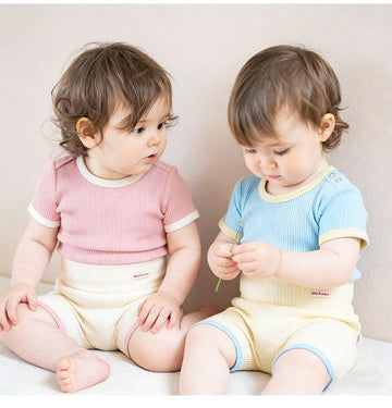 Ribbed Short Sleeve Set リブ 半袖Tシャツ ハーフパンツ【mh0013034】 Beitaoya 半袖セットアップ