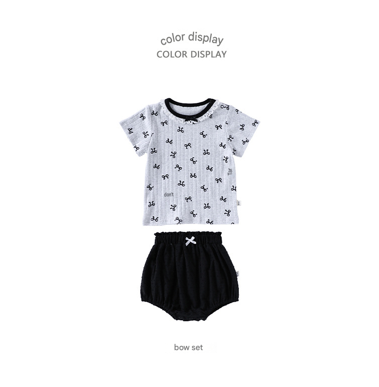 Ribbon Print Ruffle Neck Tee and Bloomer Set リボン 半袖Tシャツ ショートパンツ セット【mh0013599】 Beitaoya 半袖セットアップ