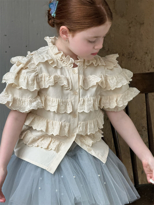 Ruffle Lace Spliced Short Sleeve Blouse ラッフル レース ブラウス【mh0012407】 mamahalo shop