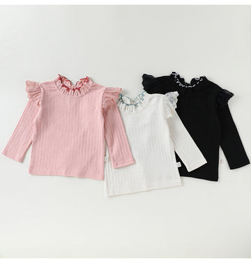 Ruffled Collar Cotton Base Shirt フリルカラー コットン 長袖Tシャツ【mh0012323】 Beitaoya