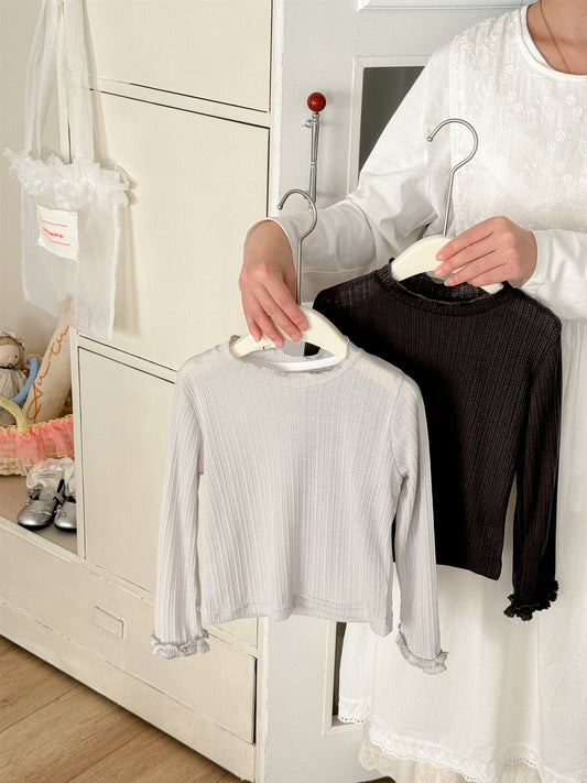 Sheer Ribbed Ruffle T-shirt シアーリブ ラッフル袖 長袖Tシャツ【mh0012295】 Laibaobao