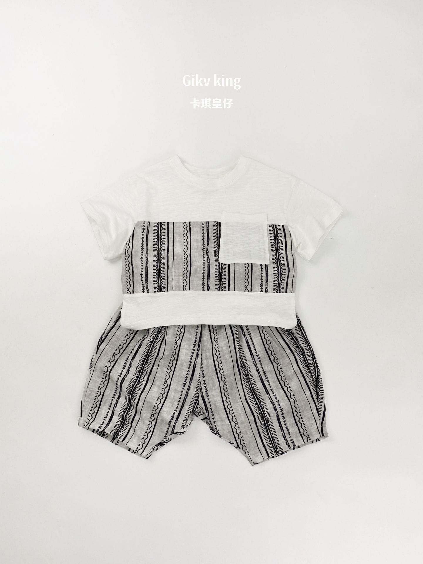 Short Sleeve Pocket Top Striped Shorts 幾何学模様 ストライプ 半袖セットアップ【mh0012829】 Gikv king 半袖セットアップ